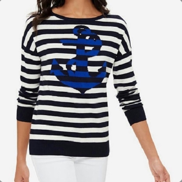 The Limited Nautical Striped Anchor Graphic Sweater wool blend classic navy - Picture 1 of 9